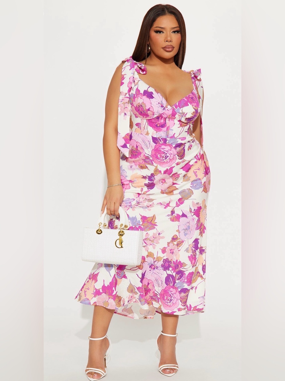 Fashion Nova Pink Floral Tie-Shoulder Midi Dress